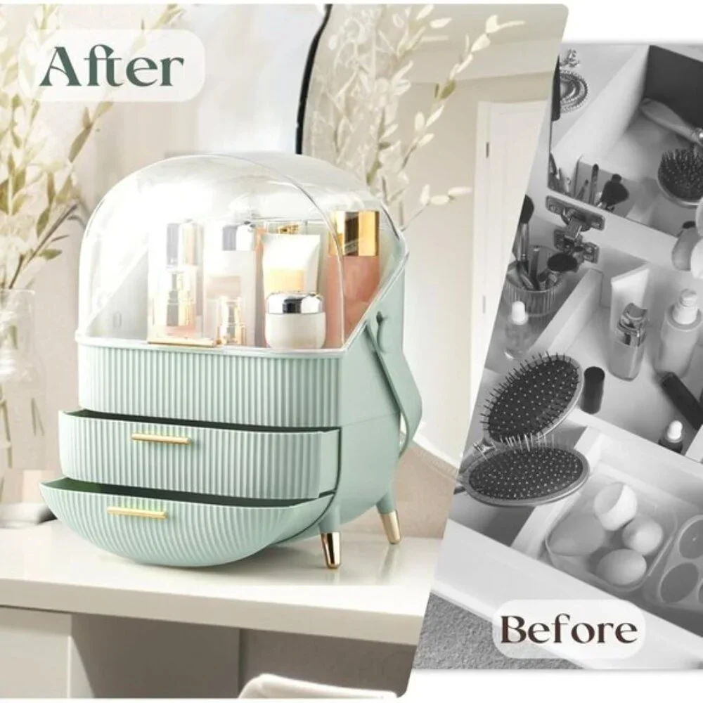 New Light Green Makeup Organizer, Vanity Storage with Lid & Drawers for Skincare